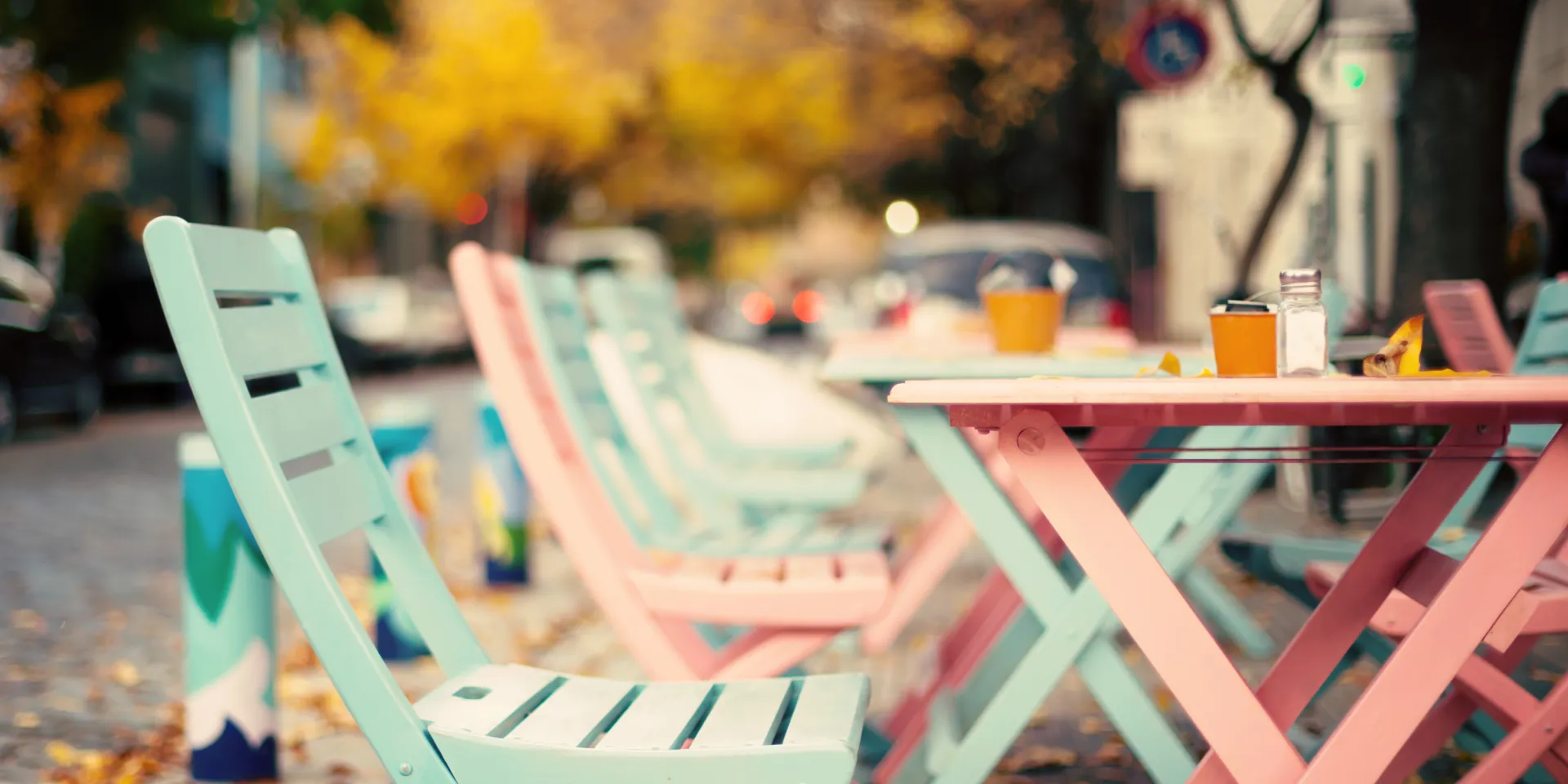 Colourful chairs in a terrace