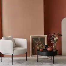 stylish living room with light brown and dark terracotta colour section