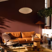 cosy living room with earthy brown wall and warm brown leather sofa